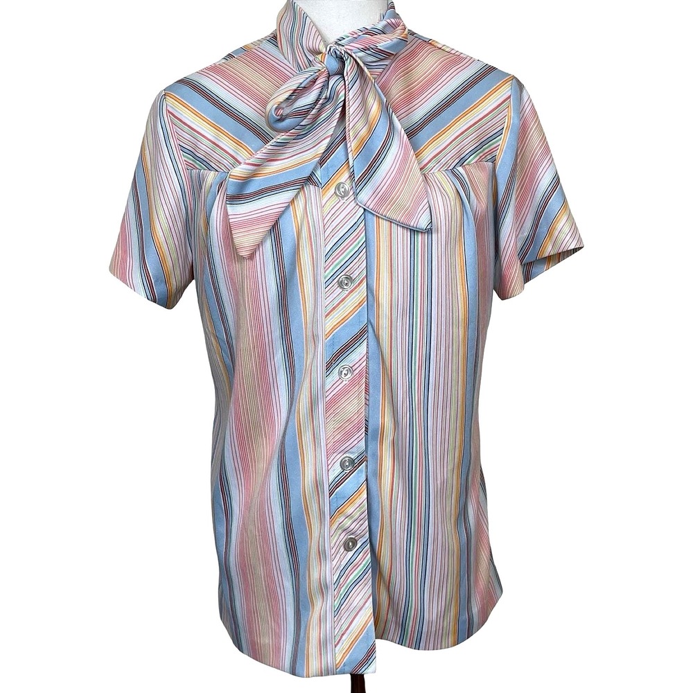 Vintage Striped Tie Bow Neck Blouse Womens M Rainbow Pastel Top Secretary